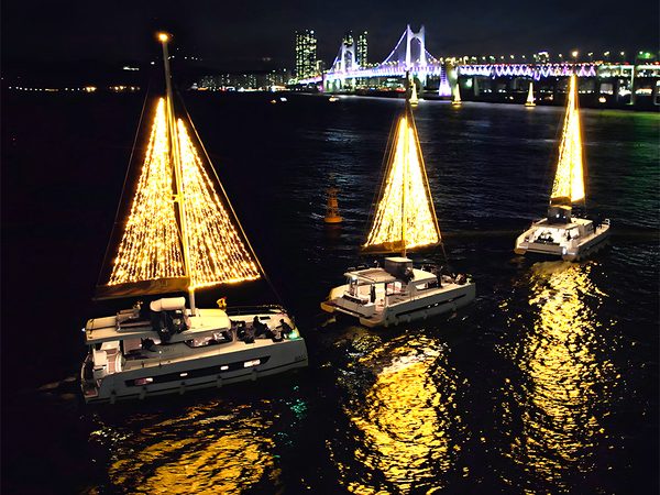 広安大橋の夜景の前のヨットツリー