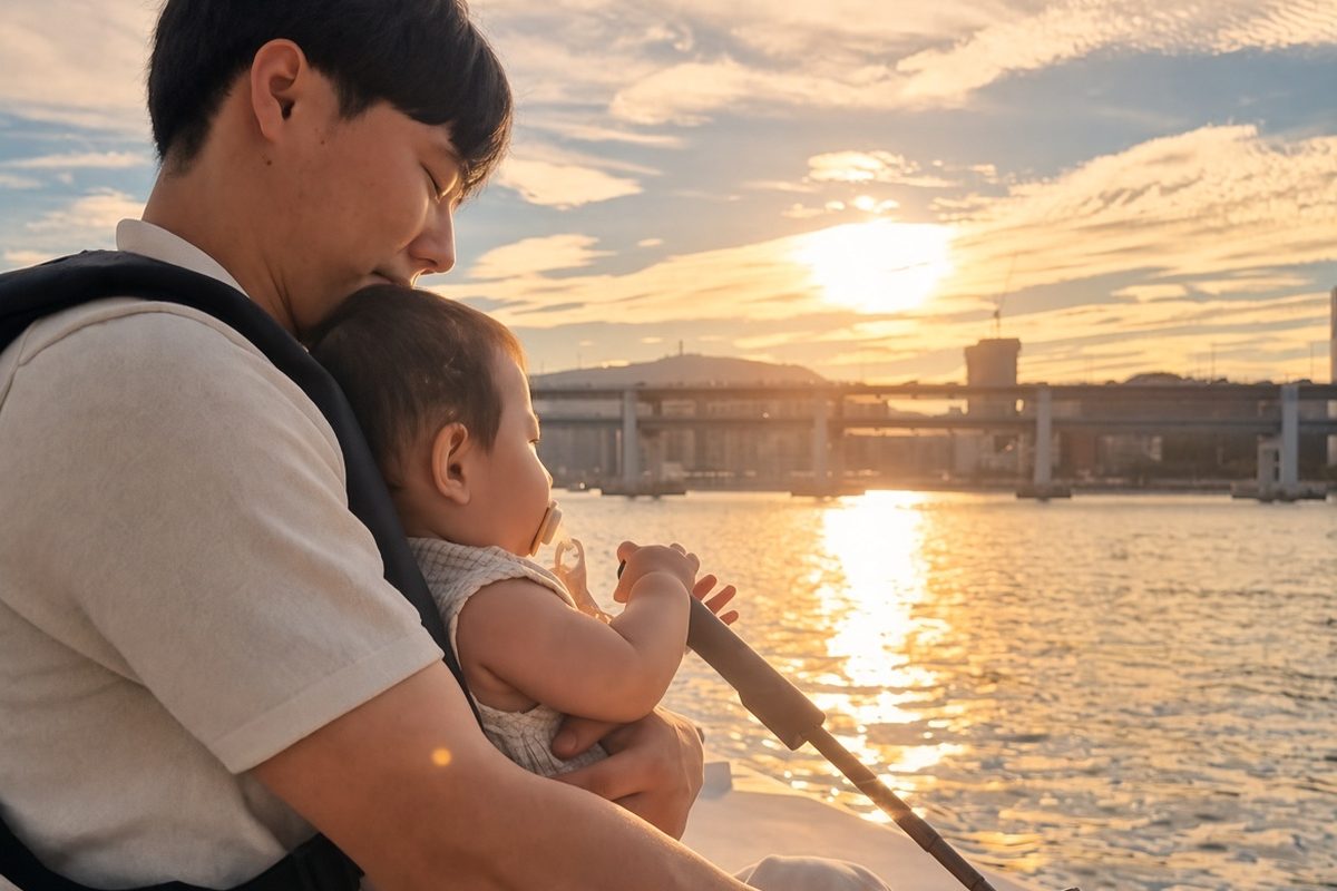 夕焼けの海の上で子どもを抱くお父さん
